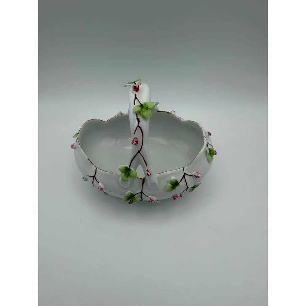 Antique German Kalk Porcelain Footed Bonbon Basket Applied Flowers M-341 5.25